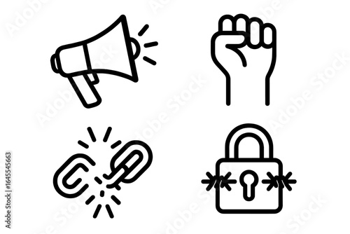 Protest and resistance icon set. Megaphone for free speech, clenched fist for power, broken chain for freedom, and padlock for censorship. Vector symbols of activism.