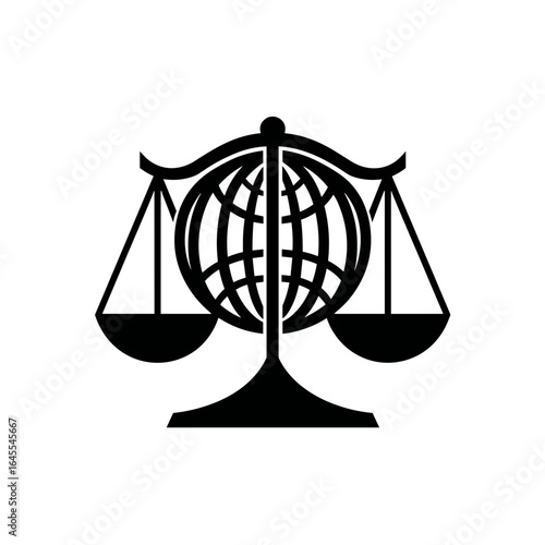 Black silhouette vector icon of a justice scale integrated with a stylized globe, representing global law or international fairness.
