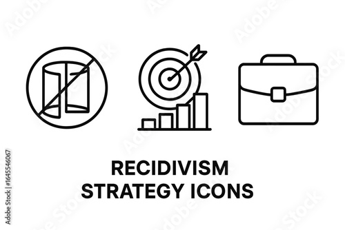 Recidivism strategy outline icon set. Symbols for reducing criminal reoffense: no revolving door, job employment, goal achievement. Justice reform and rehabilitation concept.