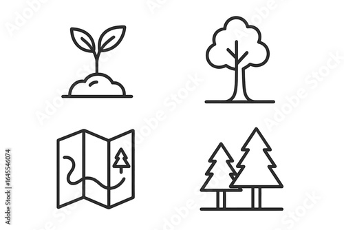 Reforestation and conservation line icon set. Vector symbols for ecology and nature. Includes seedling, sapling, tree growth, and forestry map for carbon offset projects.