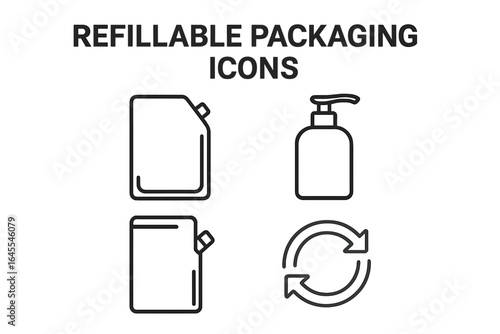 Refillable packaging icons set. Outline vector illustrations of eco friendly cosmetic containers. Zero waste concept with refill pouch, dispenser bottle and reuse symbol.