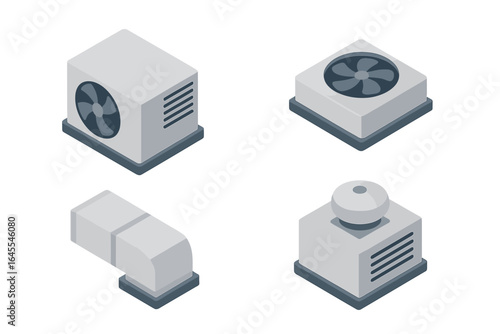 Rooftop HVAC system isometric icon set. Air conditioning unit, ventilation fan, industrial exhaust, and ductwork. Flat design vector illustration for building services.