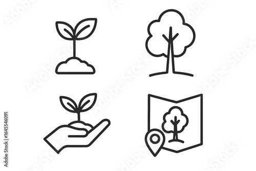 Reforestation outline icon set. Tree planting, seedling, and sapling growth icons. Environmental conservation, ecology, and carbon offset project symbols. Vector illustration.