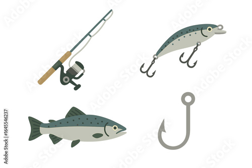 Salmon fishing vector icon set. Flat design fishing equipment illustration with a fishing rod, reel, lure, and hook. Outdoor hobby and sport tackle elements isolated.