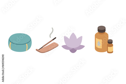 Relaxation and meditation isometric icon set. Vector symbols of wellness, aromatherapy, and mindfulness. Essential oil, incense stick, lotus flower, and cushion.