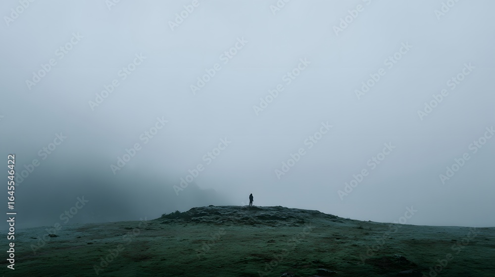Fototapeta premium A solitary figure stands atop a misty hill.