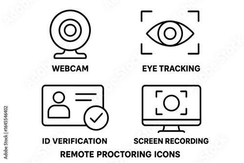 Remote proctoring outline icon set. Online exam and testing security features. Vector symbols for webcam monitoring, eye tracking, ID verification, and screen recording.