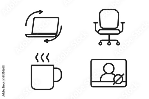 Remote work icon set. Thin line icons for home office, freelance, and telecommuting. Vector symbols of laptop, empty chair, coffee break, and muted video call for business.