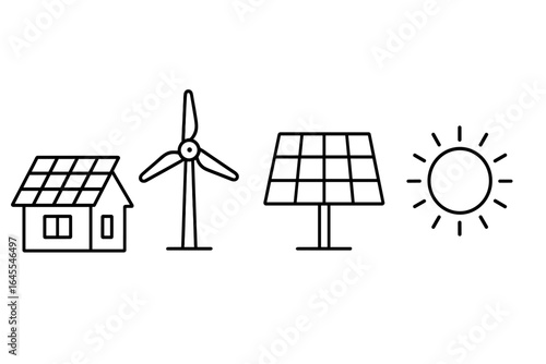 Renewable energy outline icon set with solar panels, wind turbine, and sun. Vector symbols for green power, sustainability, and clean electricity. Eco-friendly concept.