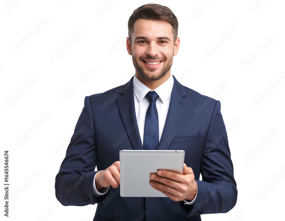 Smart and Handsome Businessman in Formal Attire Using a Tablet for Work, Focused isolated on a transparent background. Smart and Handsome Businessman in Formal Attire Using a Tablet for Work, Focused isolated on a transparent background.