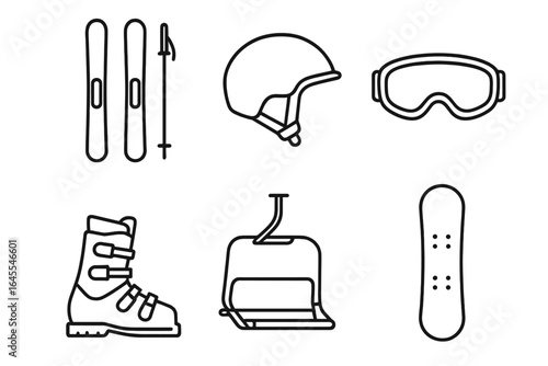 Ski and snowboard gear outline icon set. Vector collection of winter sports equipment including skis, poles, helmet, goggles, ski boot, chairlift and snowboard.