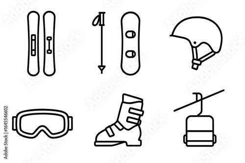 Ski gear and snowboarding equipment icon set. Vector outline illustration of essential winter sports items: skis, snowboard, pole, helmet, goggles, boot, and ski lift.