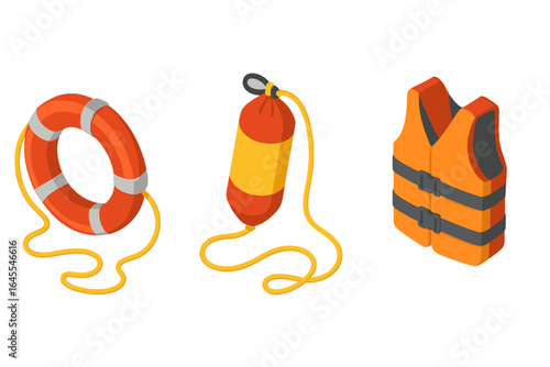 Water rescue equipment icon set. Isometric vector illustration of lifebuoy, lifesaving ring buoy, rescue throw bag, and flotation life vest. Lifeguard safety gear.