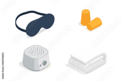 Sleep accessories isometric icon set for better rest. Vector collection of sleep aid items: eye mask, earplugs, white noise machine, and comforter. Insomnia concept.
