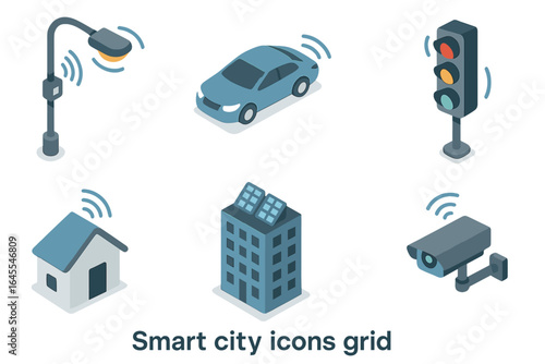 Smart city isometric icon set. Urban infrastructure technology. Connected car, smart home, traffic light, solar panel building, cctv camera, streetlamp icons vector.