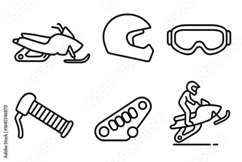 Snowmobiling outline icon set. Winter sports equipment vector graphics. Includes snowmobile, helmet, goggles, throttle handle, stunt rider and track. Extreme sport symbols.