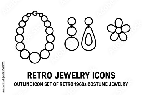 Outline icon set of retro 1960s fashion accessories. Vector graphics of a chunky bead necklace, 60s mod oversized earrings, and hippie flower power jewelry.