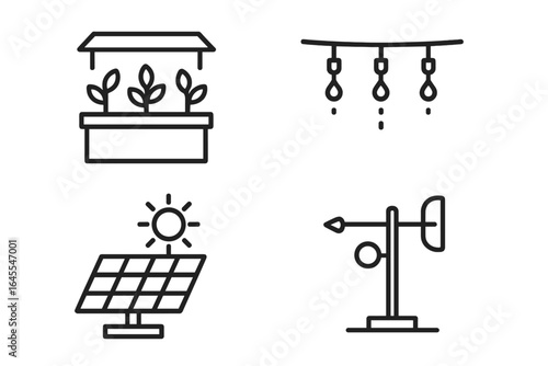 Rooftop garden outline icon set. Urban farming vector icons. Smart agriculture symbols including raised planter box, drip irrigation system, solar panel, and wind gauge.