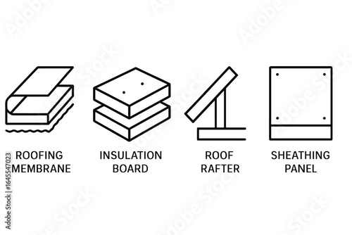 Roof assembly outline icons. Vector set of construction and building materials. Cutaway view of roofing membrane, thermal insulation board, roof rafter, and sheathing panel.