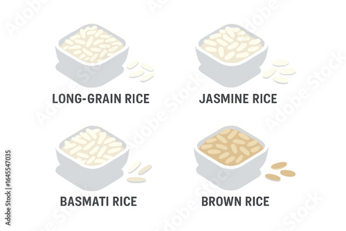 Rice varieties isometric icon set. Long-grain, jasmine, basmati, and brown rice in bowls. Vector food illustration. Healthy raw grains for cooking and nutrition.