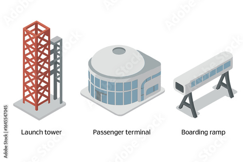Spaceport facilities isometric icon set. Launch tower, passenger terminal, boarding ramp for rocket. Vector illustration concept for future space travel, tourism, exploration.