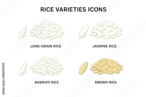 Rice varieties icons set. Isometric flat vector illustration collection of different rice grains. Long-grain, jasmine, basmati, and brown rice types isolated.