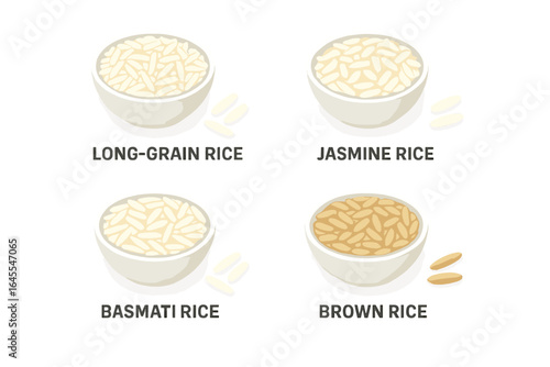 Rice varieties isometric icon set. Long-grain, jasmine, basmati, and brown rice in bowls. Vector illustration of food grains and agricultural cereal crops concept.