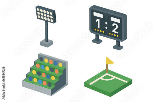 Stadium isometric icon set for sports concepts. Collection includes floodlight, digital scoreboard, spectator stands, and football field corner flag. Vector illustration.