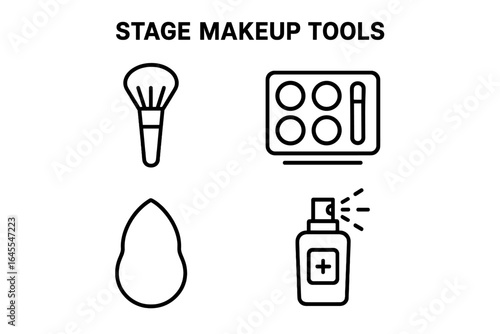 Stage makeup tools outline icon set. Vector illustration of cosmetic instruments for actors and artists: powder brush, face paint palette, beauty sponge, setting spray.