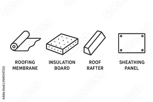 Roof assembly vector icons. Outline icon set of roofing system layers. Cutaway view of membrane, thermal insulation board, roof rafter, sheathing panel. Construction materials.