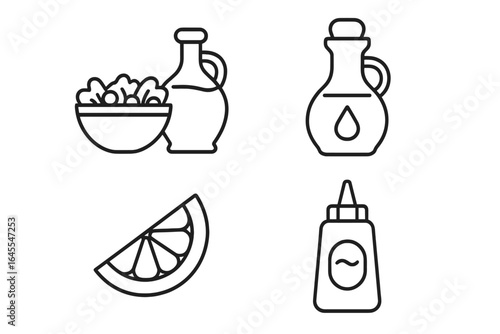 Salad dressing outline icon set. Vector food condiment symbols. Includes olive oil, balsamic vinegar, mustard squeeze bottle, and lemon wedge for healthy eating concepts.
