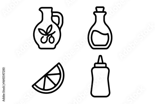 Salad dressing icon set. Outline icons of food condiments for healthy eating. Olive oil jug, balsamic vinegar bottle, lemon wedge, and mustard squeeze bottle. Vector symbols.