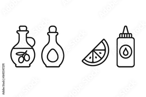 Salad dressing icon set. Outline icons of food condiments. Olive oil, balsamic vinegar, mustard sauce bottle and lemon wedge. Healthy cooking vector illustration.