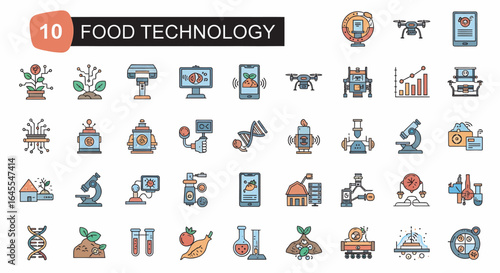 A collection of colorful vector icons representing food technology, including drones, robots, plants, lab equipment, and data analysis.