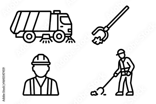 Sanitation and cleanup icon set. Street sweeper truck, garbage collection, and waste management symbols. Line art icons of a sanitation worker with trash grabber tool.
