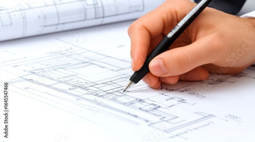 Architectural design process, hand sketching on blueprints, precise engineering with architectural