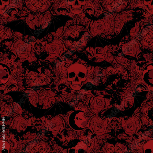 A captivating seamless pattern featuring skulls, bats, and roses on a dark red background