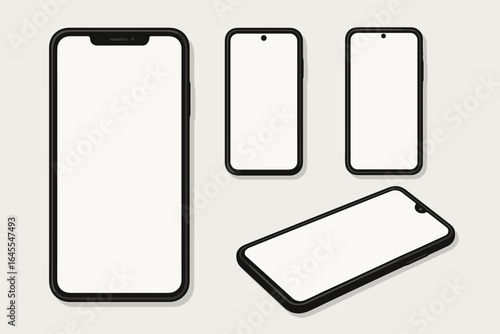 Smartphone mockup collection. Mobile phone vector templates with blank white screens. Flat lay top down and isometric views for UI UX app design presentation or portfolio.