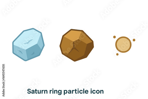 Isometric flat icon set showing Saturn ring particle composition. Vector illustrations of space elements: an ice chunk, a rock fragment, and a dust grain for science.