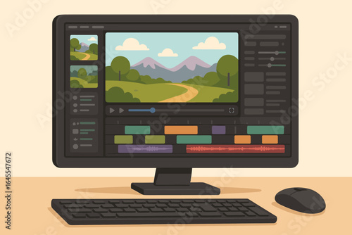 Video editing software for movie production on a computer. Post-production, filmmaking, and content creation concept. App interface with timeline editing nature footage. Vector.