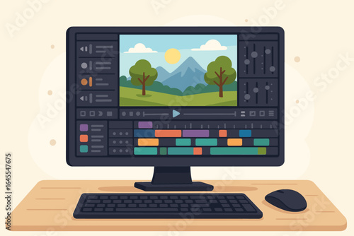 Video editing software on a desktop computer screen. Movie production and post-production with a timeline and user interface. Multimedia film editor for content creation and vlogging.