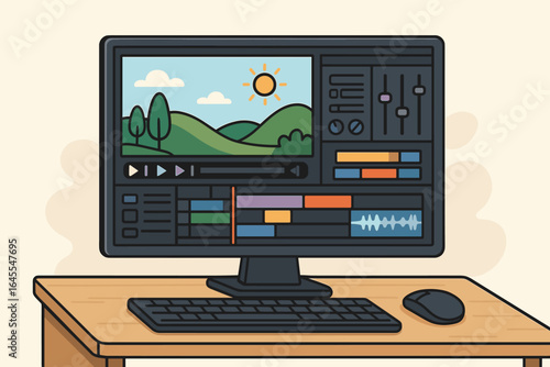 Video editor software on a desktop computer screen. User interface with timeline for editing footage. Post production, vlogging, and content creation workflow concept vector.