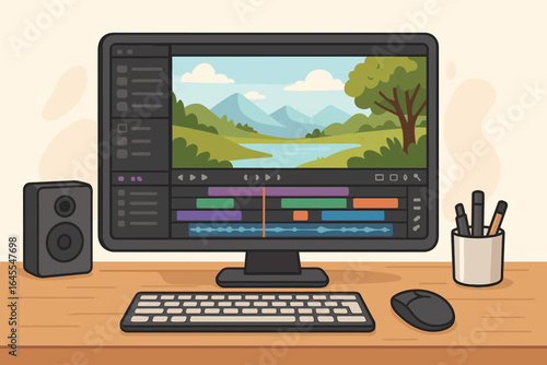 Video editing software on a desktop computer. Post production and movie making process. Film editor or content creator workspace with nature footage on the timeline and screen.