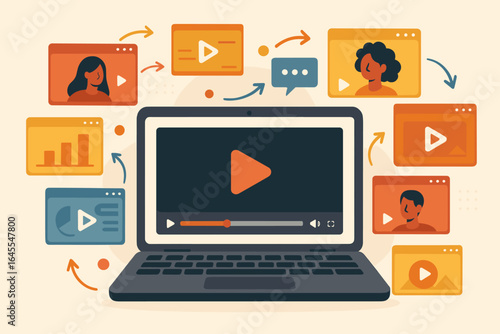 Viral video marketing and digital content creation concept. A laptop streams content to a social media network, showing user engagement, sharing, and data analytics.