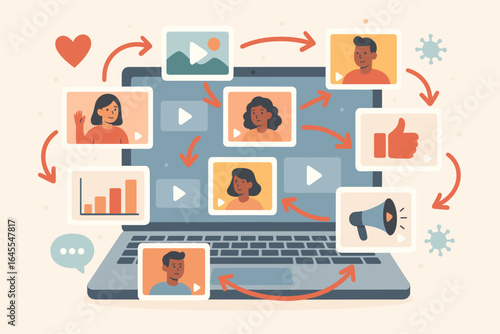 Viral video marketing strategy concept. Content spreading on a social media network. Laptop with flying video windows, likes, and shares. Digital engagement online promotion cartoon.