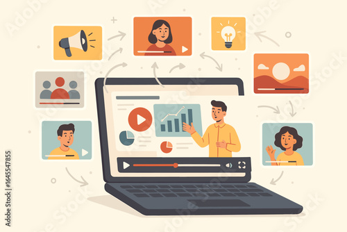 Viral video marketing and content strategy concept. Laptop with e-learning webinar or online course. Digital promotion, audience engagement, and information spread online.