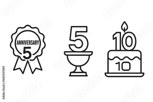 Anniversary icon set for 5 and 10 years of service milestones. Line art collection with celebration badge, award ribbon, trophy cup, and birthday cake with candle.