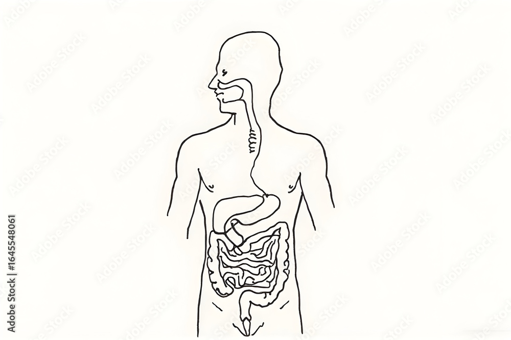 Fototapeta premium Human Digestive System Diagram in Black and White Line Art