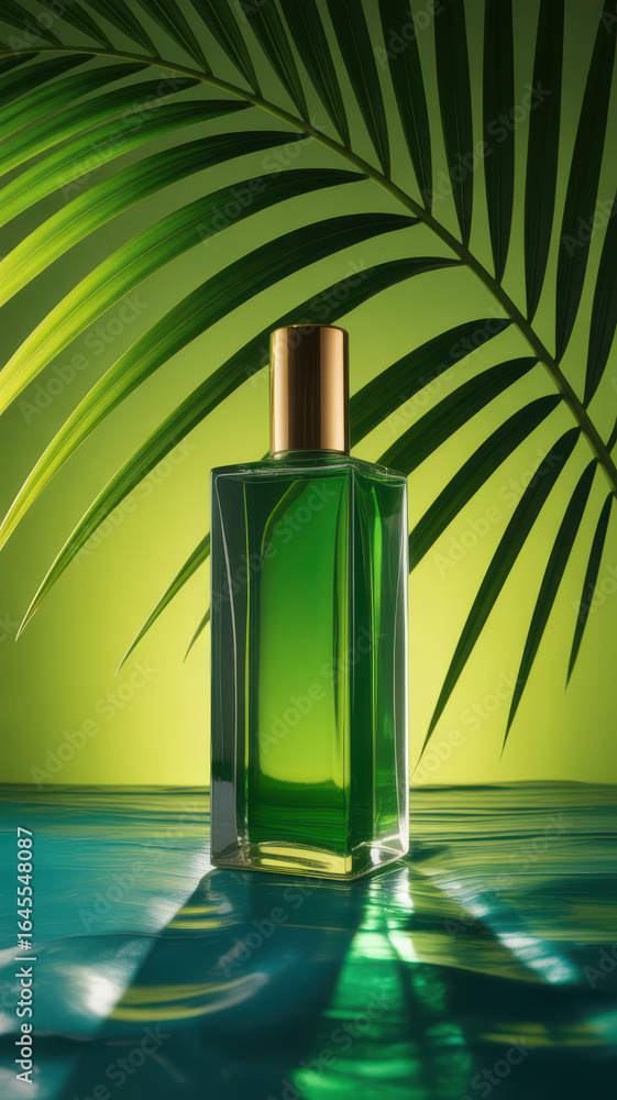 Fototapeta premium Elegant perfume bottle with green liquid and palm leaf on a green background