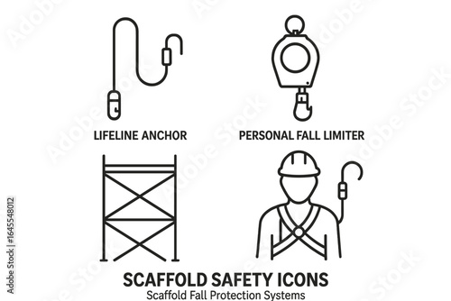 Scaffold safety icons. Outline icon set of scaffold fall protection systems, lifeline anchor, personal fall limiter, and harness. Construction safety equipment vector symbols.